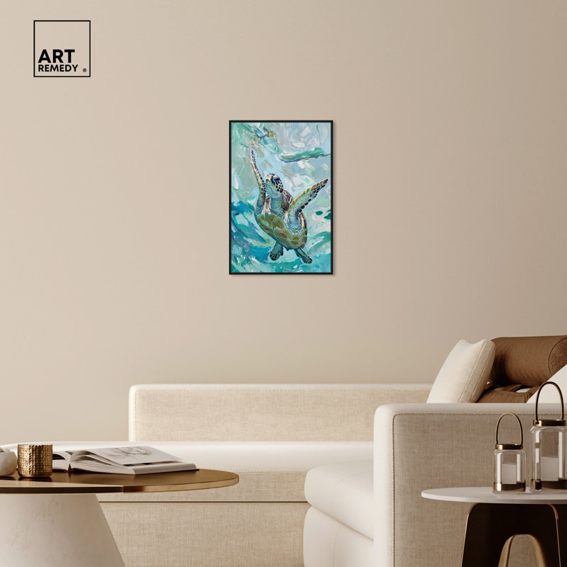 Serene Turtle Coastal Canvas Print with Black Wood Frame