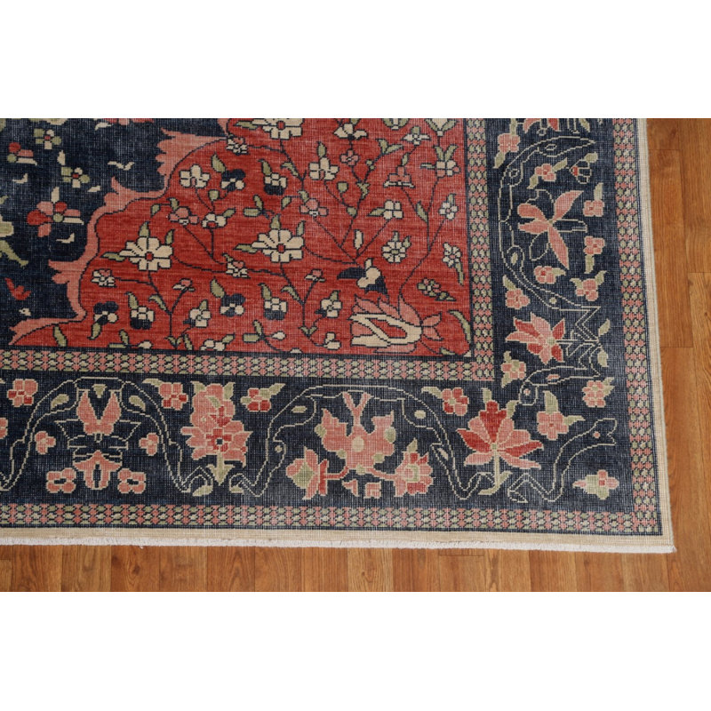 Tapis turc bleu marine à motif floral Kashan Mohtasham noué à la main 9 x 12