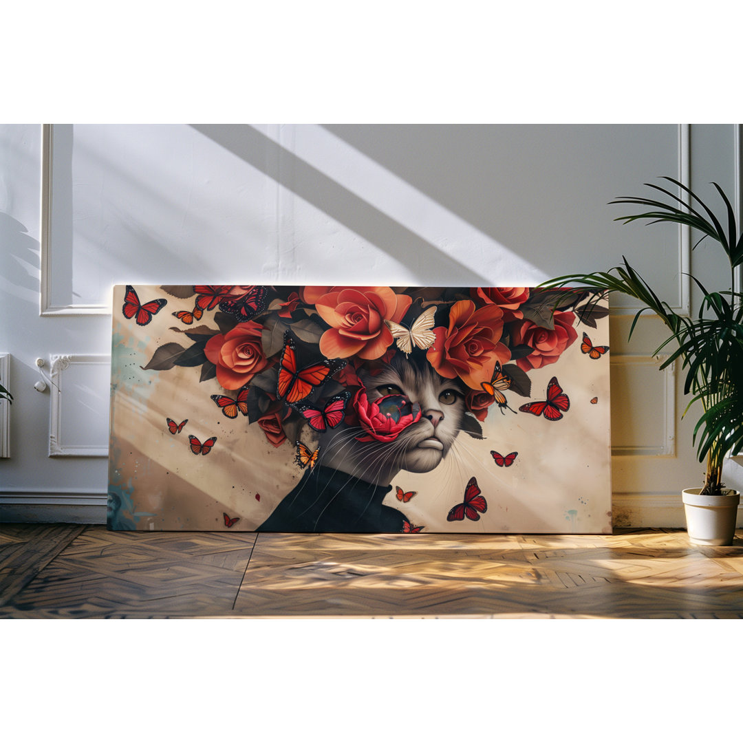 Wandbild 120x60cm Katzen Porträt rote Blumen Schmetterlinge Kunstvoll