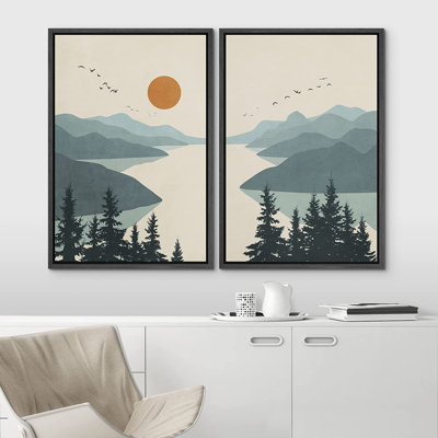 Idea4wall, reproduction d'art sur toile encadrée, aquarelle pastel verte, vallée de montagne, oiseaux, rivière, formes abstraites, illustrations, paysage moderne, salon, chambre à coucher, bureau