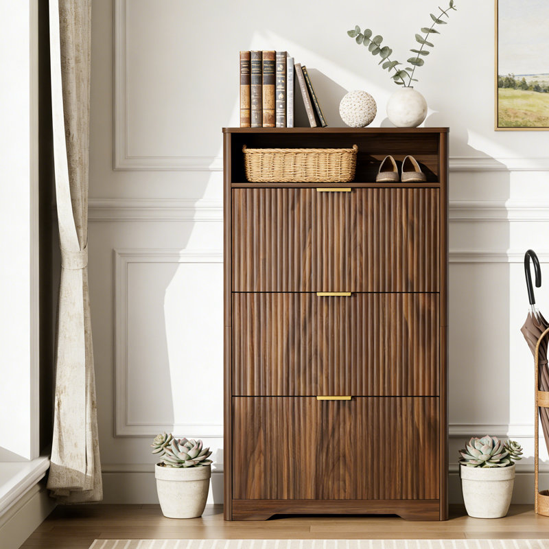 Narrow Shoe Storage Cabinet with 3 Flip-Down Drawers & Open Top - Farmhouse Entryway Shoe Organizer with Legs, Hidden Slim Shoe Rack for Hallway, Foyer, Apartment,  Adjustable Shelves