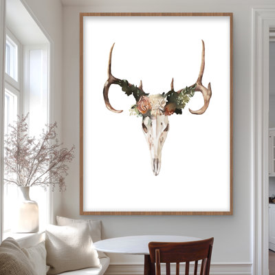 Crâne de cerf avec des roses - reproduction encadrée mate pour la décoration intérieure