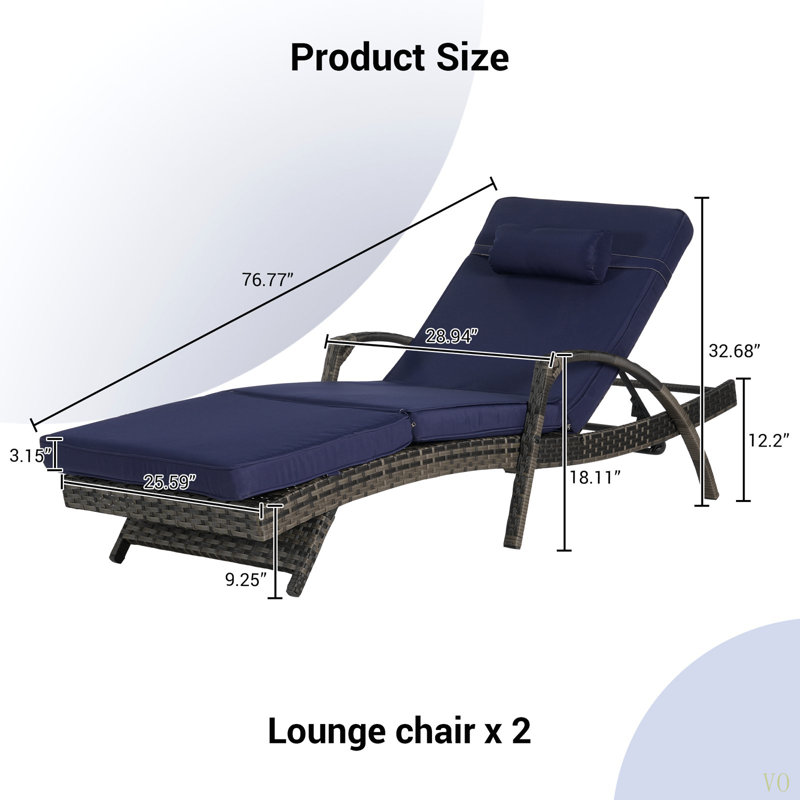 Ensemble de 2 chaises longues d'extérieur en osier avec coussins, chaise longue inclinable en osier, Bleu très foncé