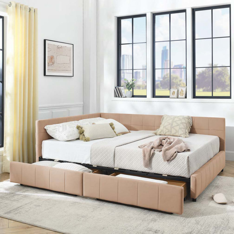 Lit de jour en velours avec rangement, Grand lit, Rose