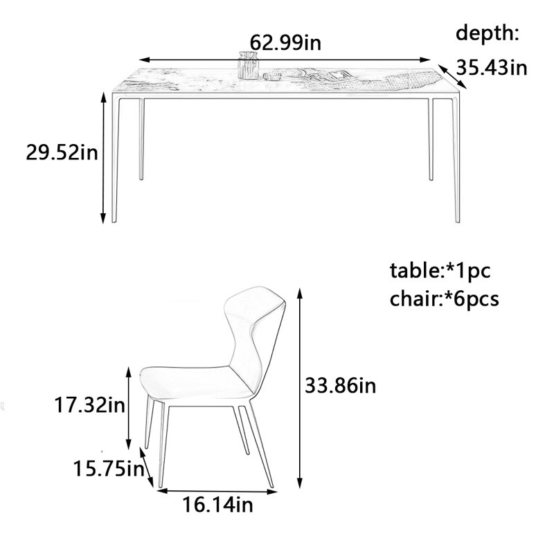 Exquisite rock plate dining table and chair set, 29.52"H x 62.99"L x 35.43"W