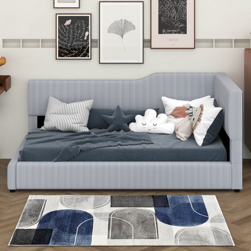 Structure de lit tapissier en velours côtelé avec dossier confortable et accoudoirs, lit de jour en forme de L, Gris, Simple