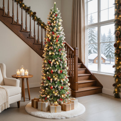 7.5FT Slim Pre-Lit Flocked Artificial Christmas Tree, Skinny Snow Pencil Tree for Small Spaces with 300 LED Lights (8 Modes), 60 Pine Cones, 420 Red Berries & Metal Stand