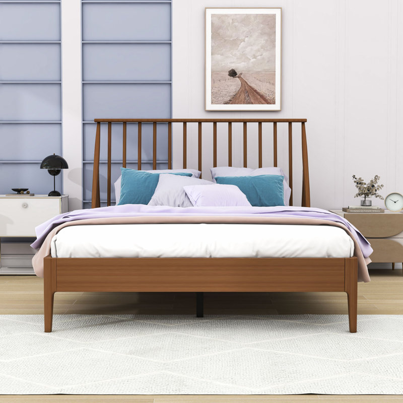 Bamboo Spindle Platform Bed with Headboard, Sturdy Slats and Centre Legs, Queen, Warm Brown