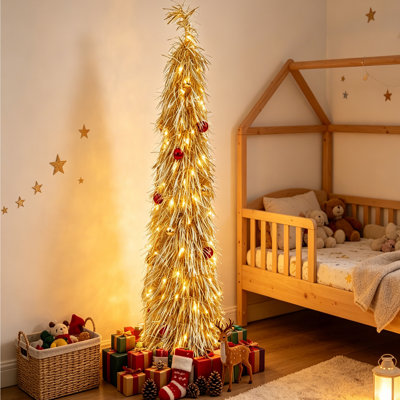 5 FT Pop Up Gold Tinsel Christmas Tree, Pre-Lit Slim Artificial Pencil Xmas Tree with Warm White Fairy Lights & Red Ball Ornaments, Battery Operated Collapsible Christmas Tree for Holiday Home Party Decor
