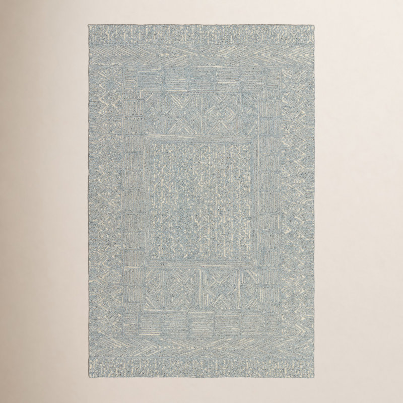 Tapis bleu / crème touffeté à la main à motif géométrique Christie, Rectangulaire 8 pi x 10 pi