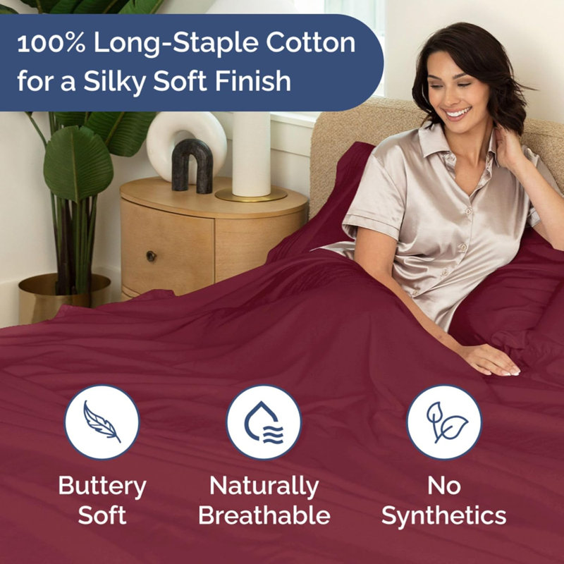 Drap en coton 400 fils - Drap rafraîchissant, respirant et doux, Bourgogne, Très grand lit