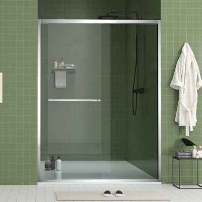 60" Wide And 70" High Aluminum Frame Bypass Bathroom Sliding Door With Double Handle As Towel Rail, - Crash Angle, Mute Rollers, Easy To Install 56 Adjustable Width 8Mm & Tempered Glass, Stainless