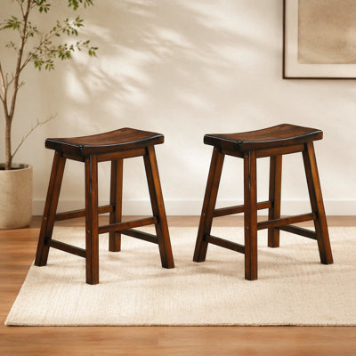 18-Inch Height Saddle Seat Stools 2Pc Set Solid Wood Cherry Finish Casual Dining Furniture