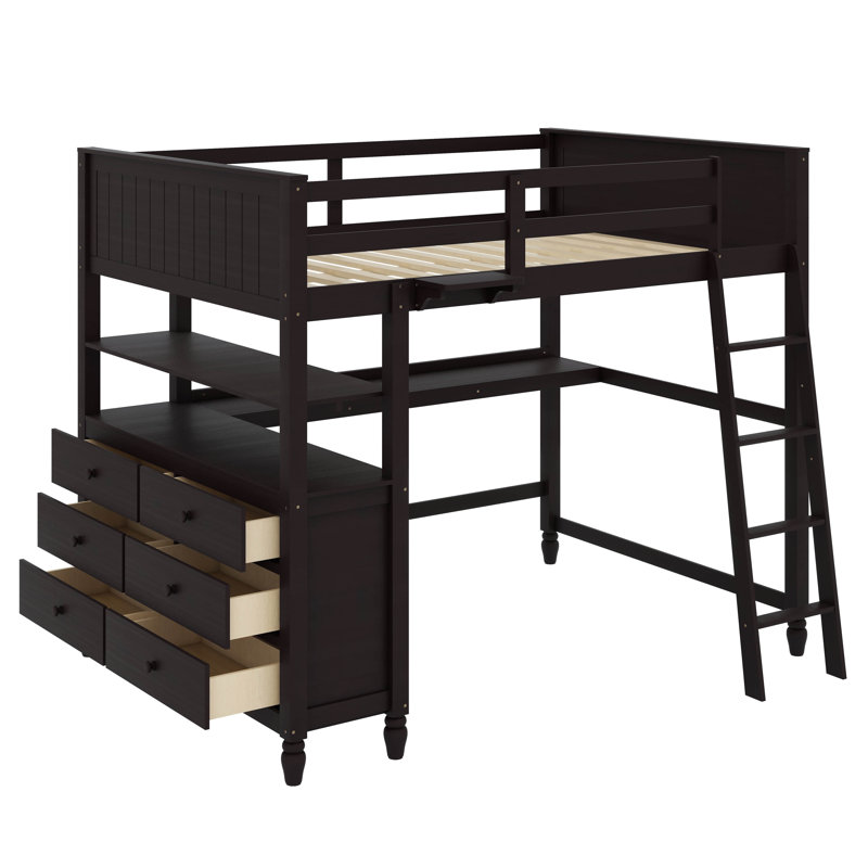 Lit mezzanine en bois avec tiroirs, bureau et tablettes Kaarel, Lit double, gris