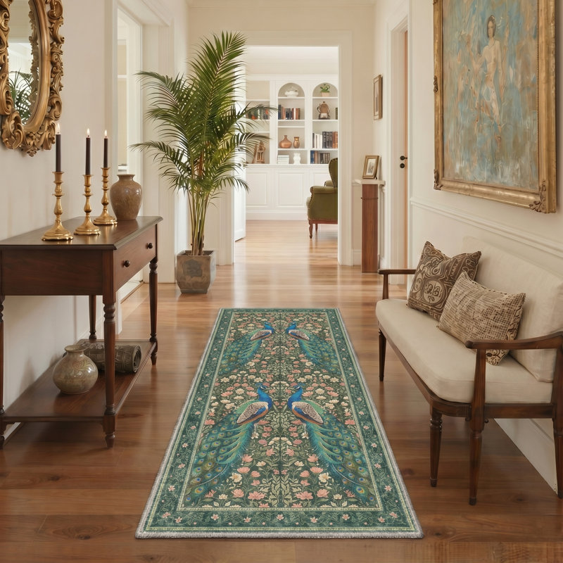 Peafowl Collection Vintage Machine Green Indoor Area Rug with Non-Slip Backing, Runner 2' x 6'