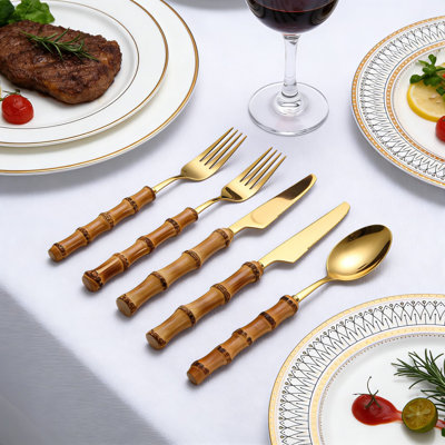 Bamboo Handle Stainless Steel Flatware Set With Cutlery Rack - Mirror Polished Silverware For Home, Restaurant, And Entertaining