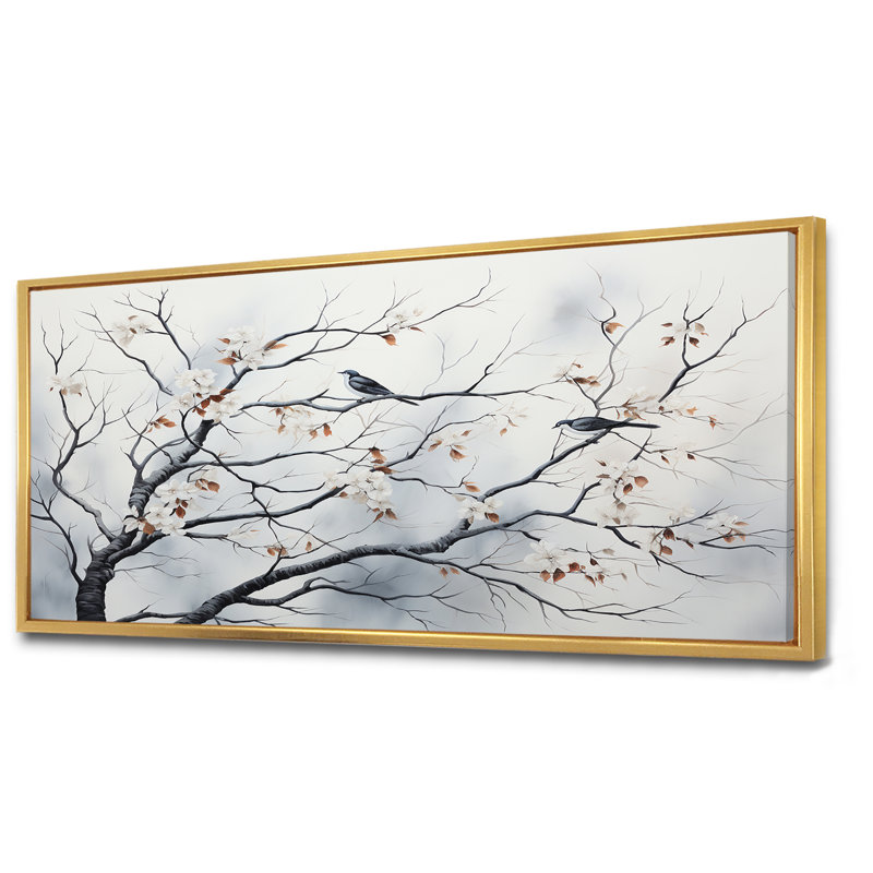 Gris floral Sprintime, oiseaux, art mural, Cadre flottant doré, H 28 po x l 60 po x P 1,5 po