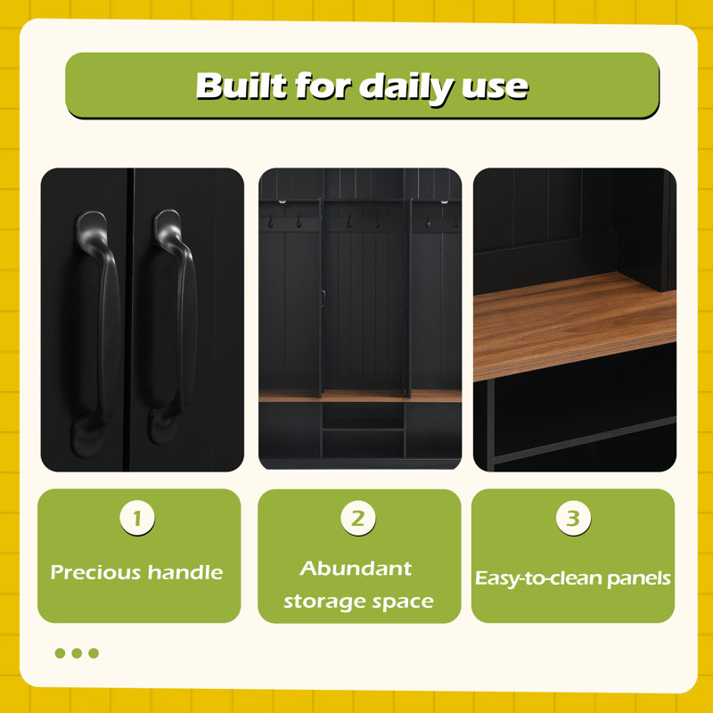 62.2''W Entryway Hall Tree with Bench, 3 Top Cubbies  Bottom Storage Space, Black