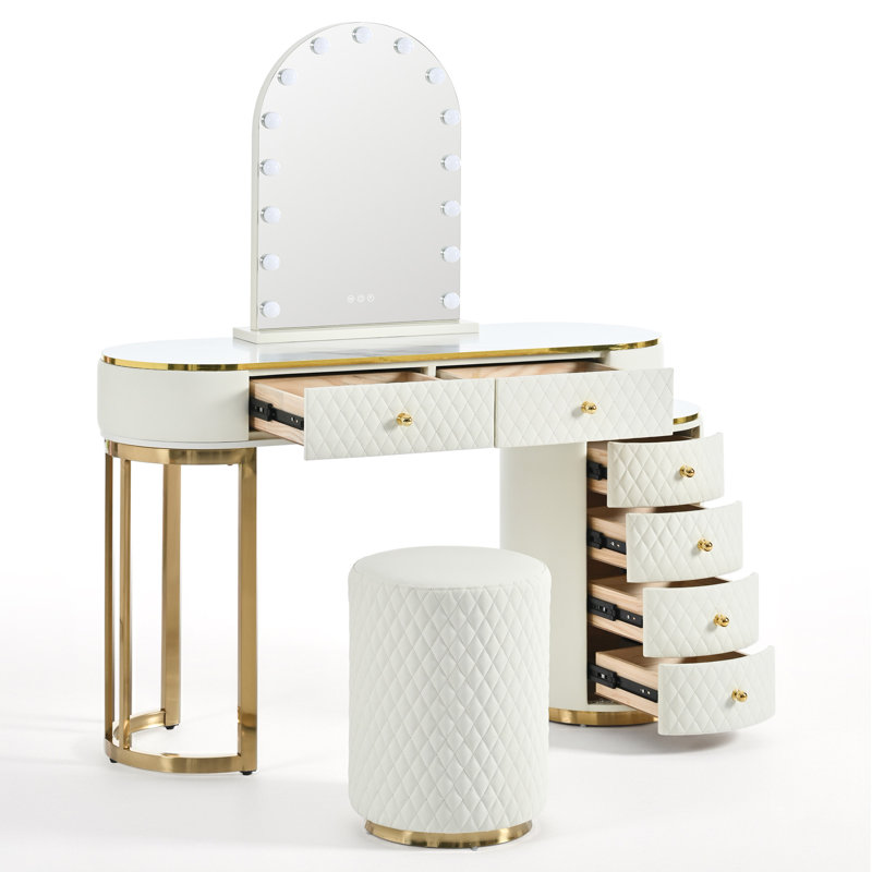 Luxury Makeup Vanity Desk With 3-Color LED Mirror & Stool