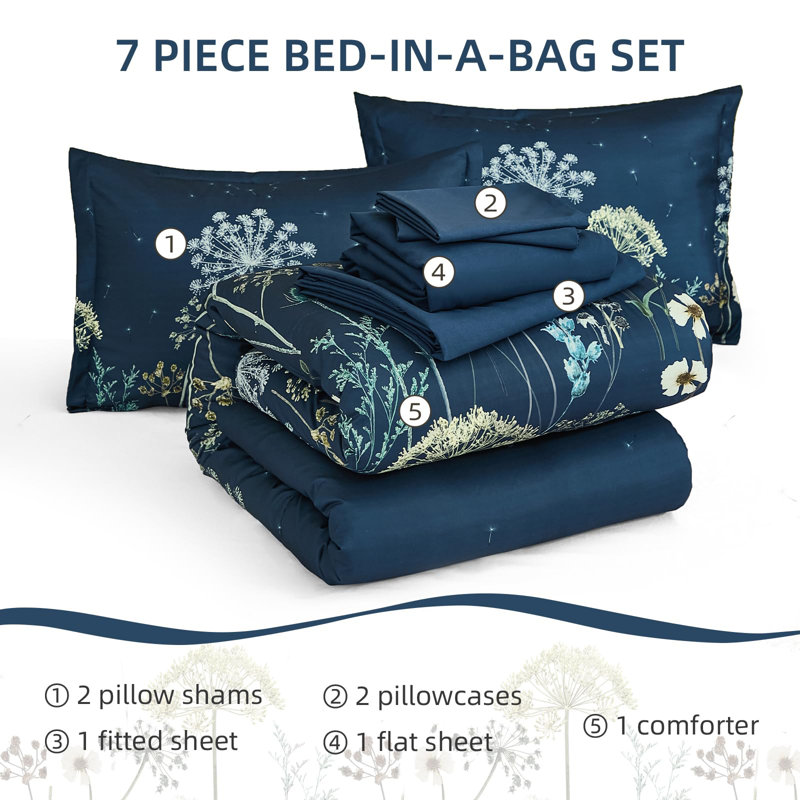 Ensemble d'édredon floral 7 pièces Dandelion, Marine, Édredon de très grande taille et 6 pièces suppl
