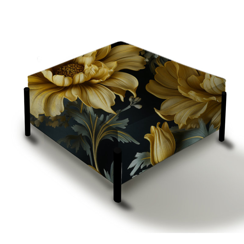 Dark Blue And Yellow Damask Realm - Damask Large Square Ottoman