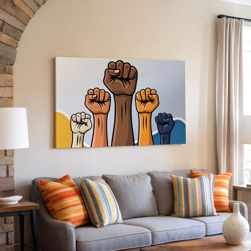 Toile, "Créez une image" mettant en vedette un puissant affichage de poings levés dans divers tons de peau, symbolisant l'unité et la solidité, art mural