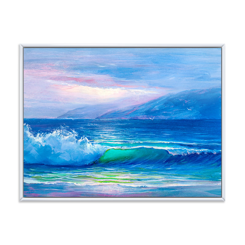 «Blue Waves Breaking At The Beach II», peinture sur toile, H 16 po x l 32 po x p 1 po, Cadre flottant blanc