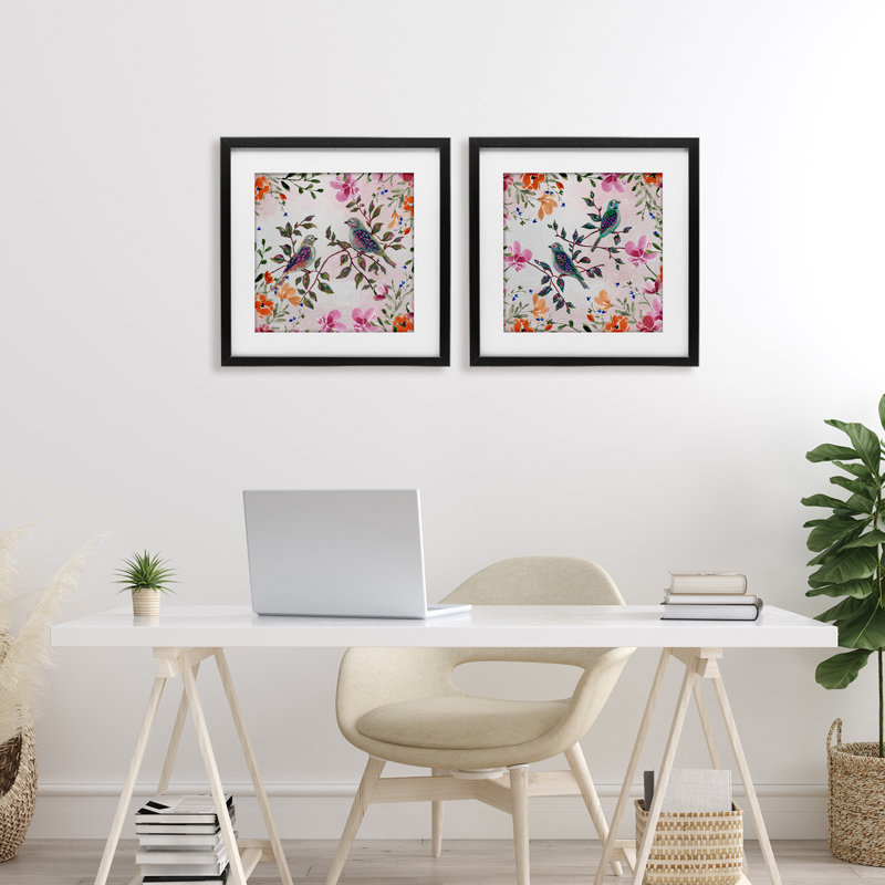 Bird Pairs & Country Florals, ensemble de 2 reproductions encadrées sous verre, par Adonna Ebrahimi, H 16 po x l 16 po