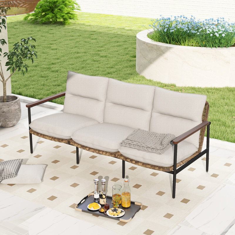 Berklee 3-Seat Aluminum Wicker Outdoor Sofa Couch With Gray Cushions