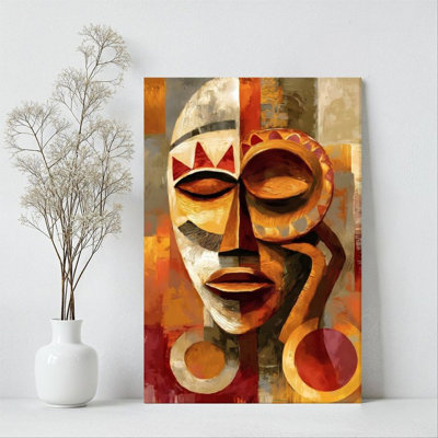 1Pc Framed Canvas Poster Print African Mask, Geometric Abstract Pattern, Primitive Art Style Wall Art, Wall Decor, Perfect for Room Decor Living Room