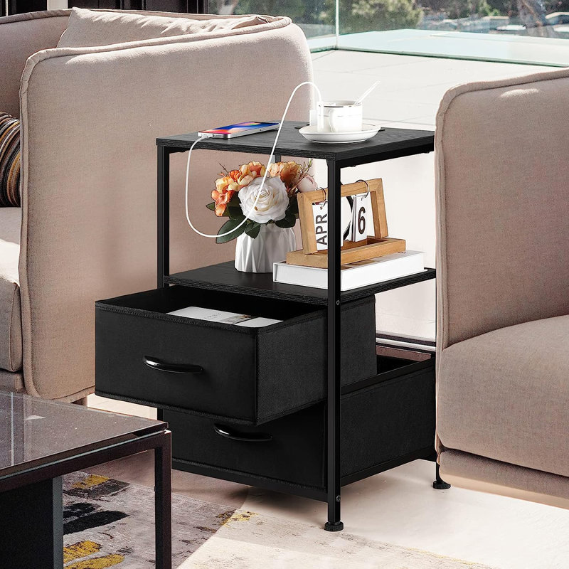 Table de chevet blanche avec 2 tiroirs en tissu et station de charge, Noir