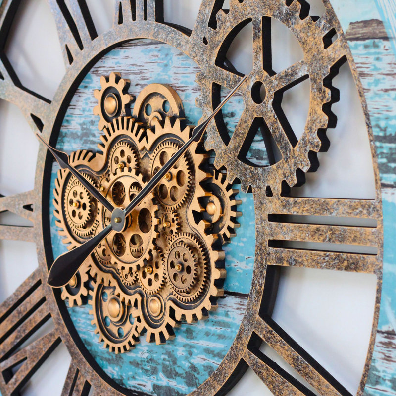 Wall Clock 36" Round Oversized for Living Room decor with Real Moving Gears America Collection, Aqua Green