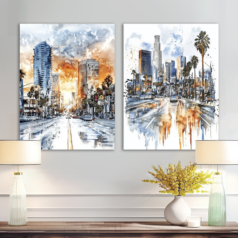 Los Angeles Sunset Boulevard - ensemble de 2 impressions murales en métal jaune en Californie, 32" H x 48" W
