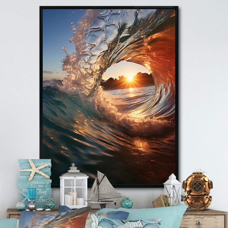 «Beach Photo Sunlit Waves IV» - Impression sur toile nautique et plage, L 12 po x H 20 po, Cadre flottant noir