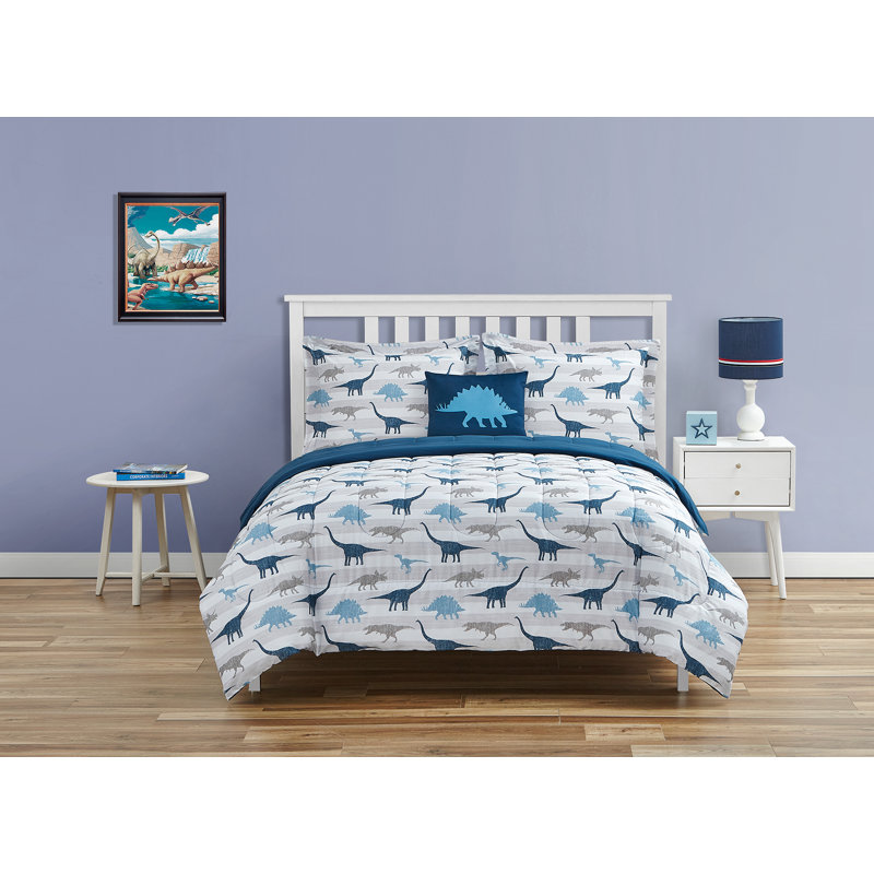 Ensemble d'édredon en microfibre bleu foncé ALEX + BELLA Dino Chambray, Édredon double, 2 taies décoratives et 1 coussin