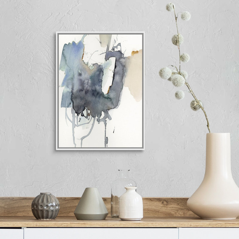 Indigo Splatter I par Victoria Barnes - reproduction d'art sur toile, H 18 po x l 14 po x P 1,75 po, Cadre flottant blanc