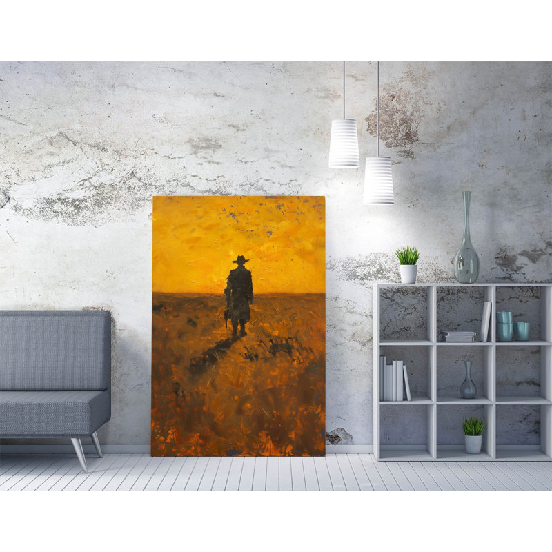 Lone Wandering Cowboy at Orange Sunset Landscape Canvas Wall Art Print Picture | Western Country Artwork
