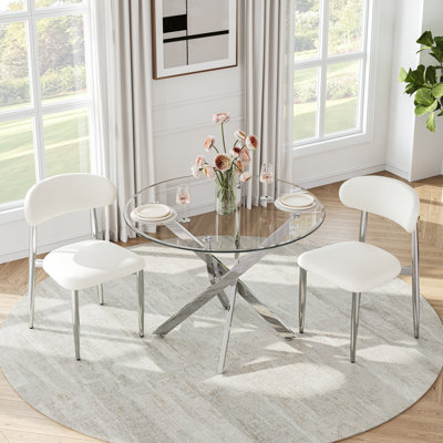 Modern Round Glass Dining Table Set For 2, 36" Tempered Glass Top And Rattan Velvet Upholstered Chairs For Small Dining Spaces