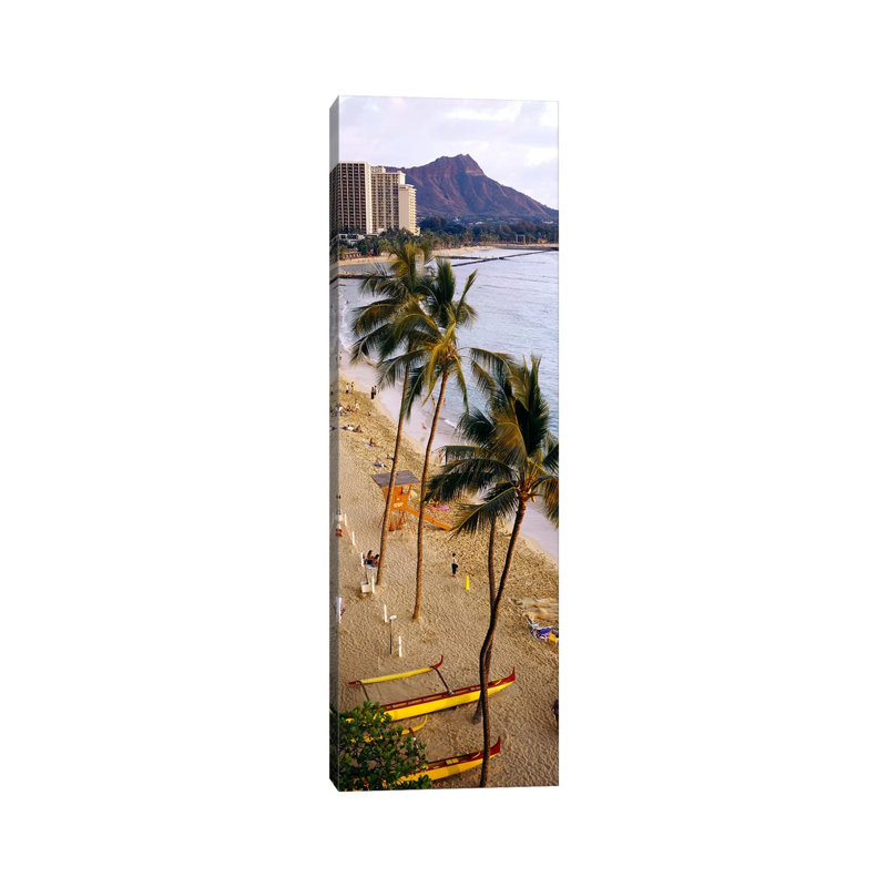 High Angle View Of Tourists On The Beach, Waikiki Beach, Honolulu, Oahu, Hawaii, USA - Wrapped Canvas Panoramic Print
