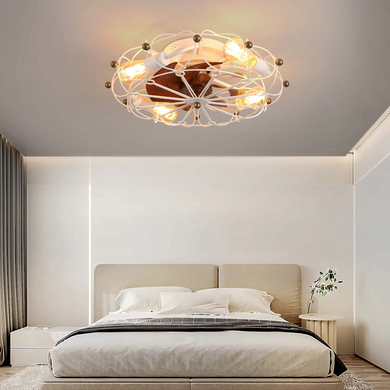 Ventilateur de plafond en cage à profil bas avec télécommande et lumières, ventilateur industriel intégré moderne, Blanc