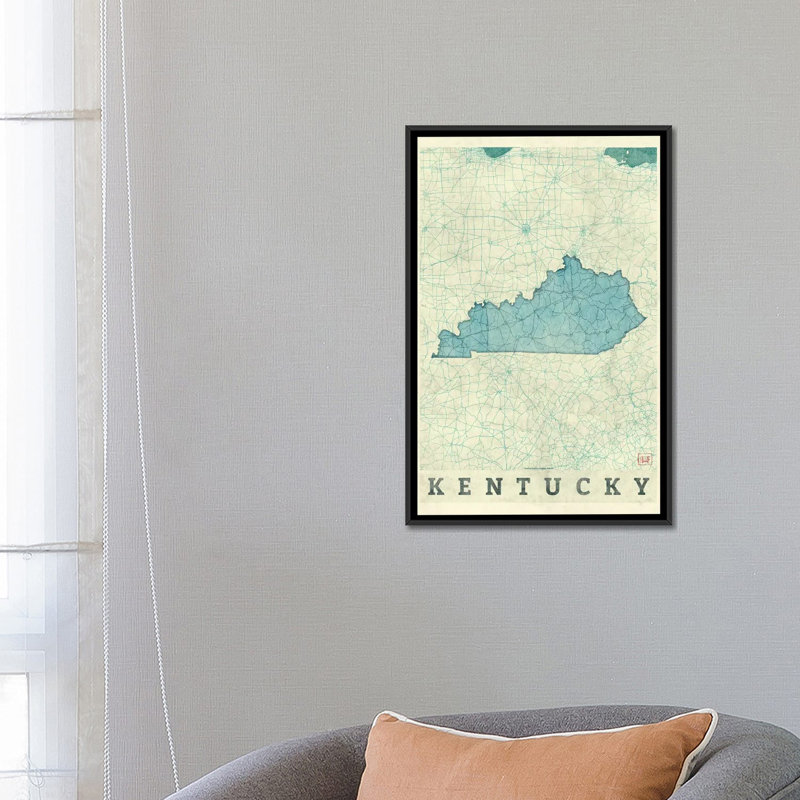 «Kentucky Map», impression sur toile, H 26 po x l 18 po x P 1,5 po, Toile avec cadre noir, Pas de tapis