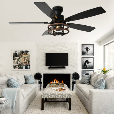 52" Industrial Black Flush Mount Ceiling Fan with Light Kit and Remote Control 6-speed Reversible DC Motor Fan for Living Room