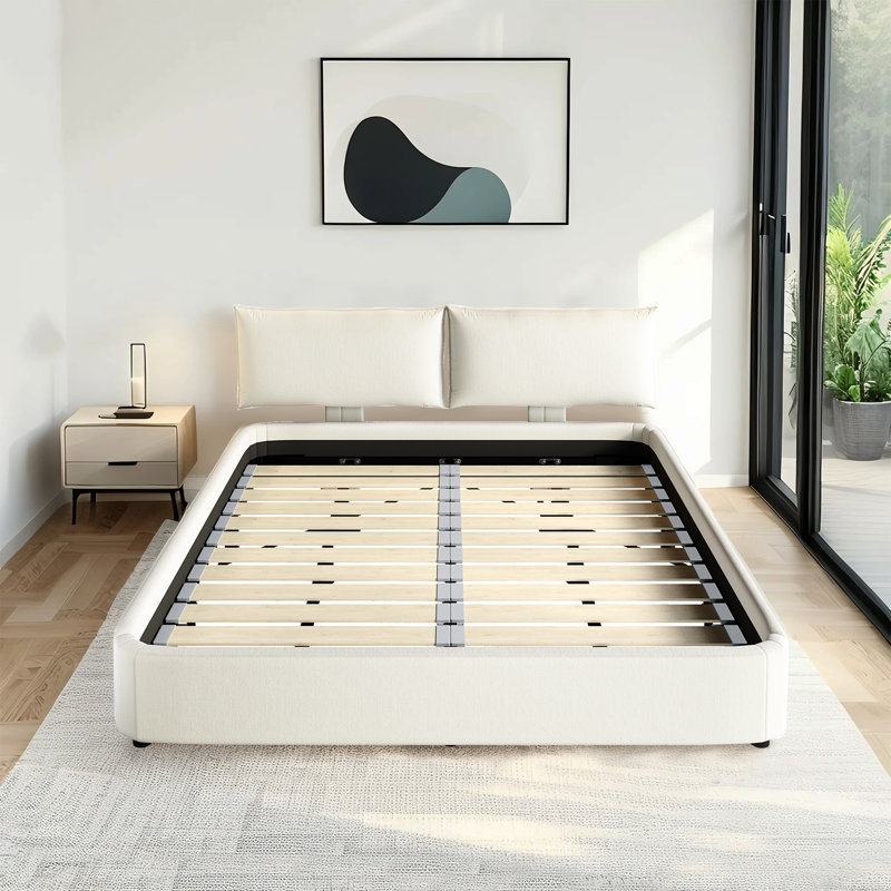 King Size Cloud Bed Frame with Oversized Adjustable  Headboard, & Metal Slat Support, White