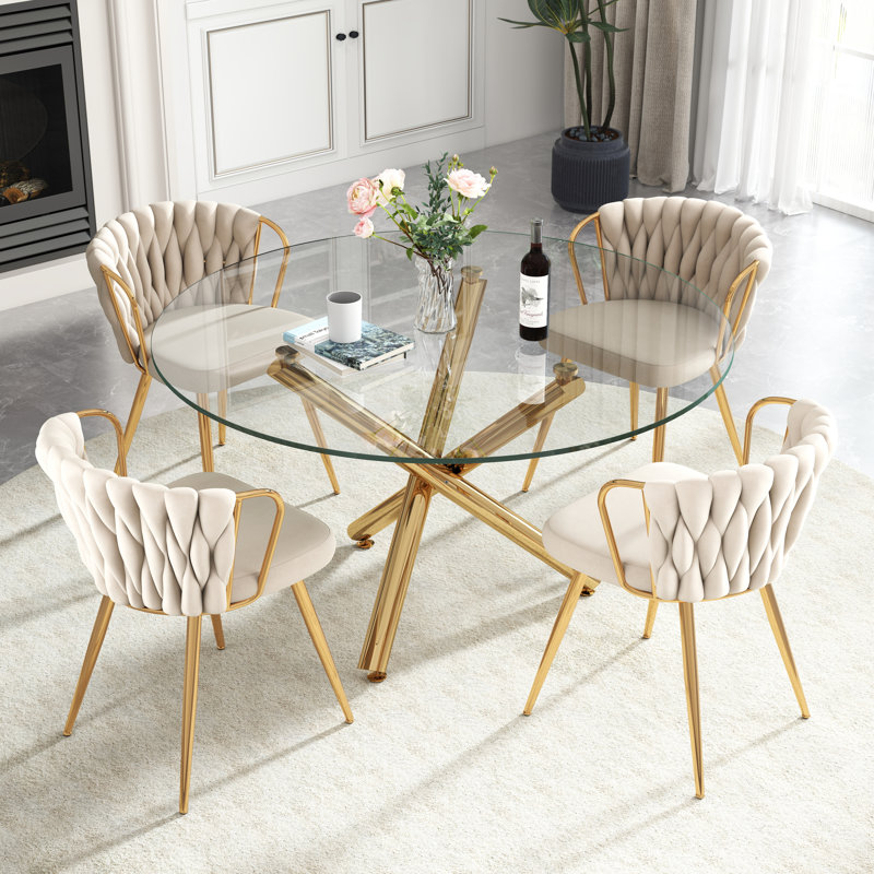 Ensemble de salle à manger 47 po, Beige, 5 pièces: table, 4 chaises, Doré