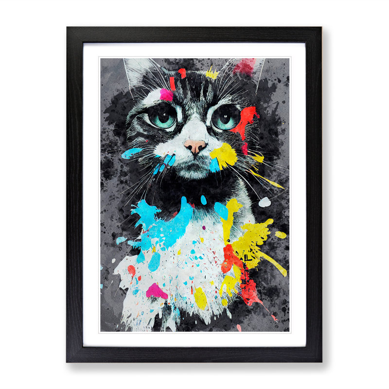 Catt Paint Splash No.4 - Wall Art, Black Framed, 36cm H x 27cm W x 2cm D, White