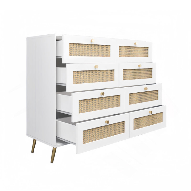 White Color 8 Drawers Chest Of Drawers With Rattan Drawer Face Golden Legs And Handles