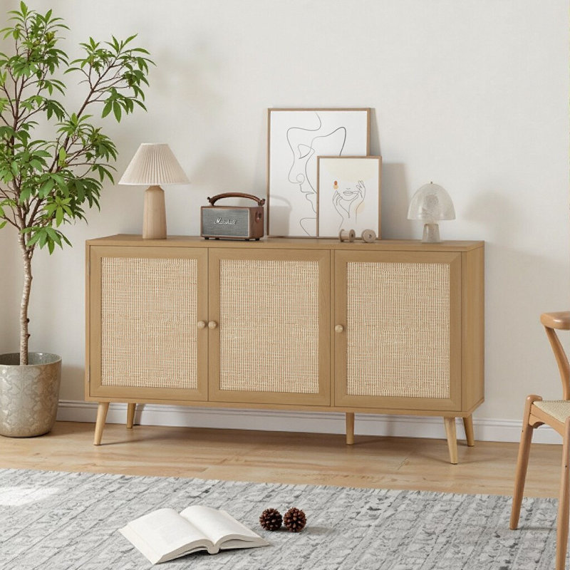 Grande armoire à 3 portes en rotin naturel pour rangement dans l'entrée, le salon et la cuisine, Naturel