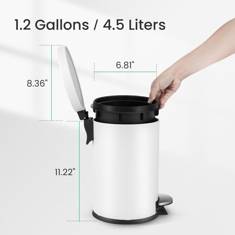 Petite poubelle 1,2 gallons avec couvercle, poubelle de salle de bain blanche avec pédale, mini poubelle ronde
