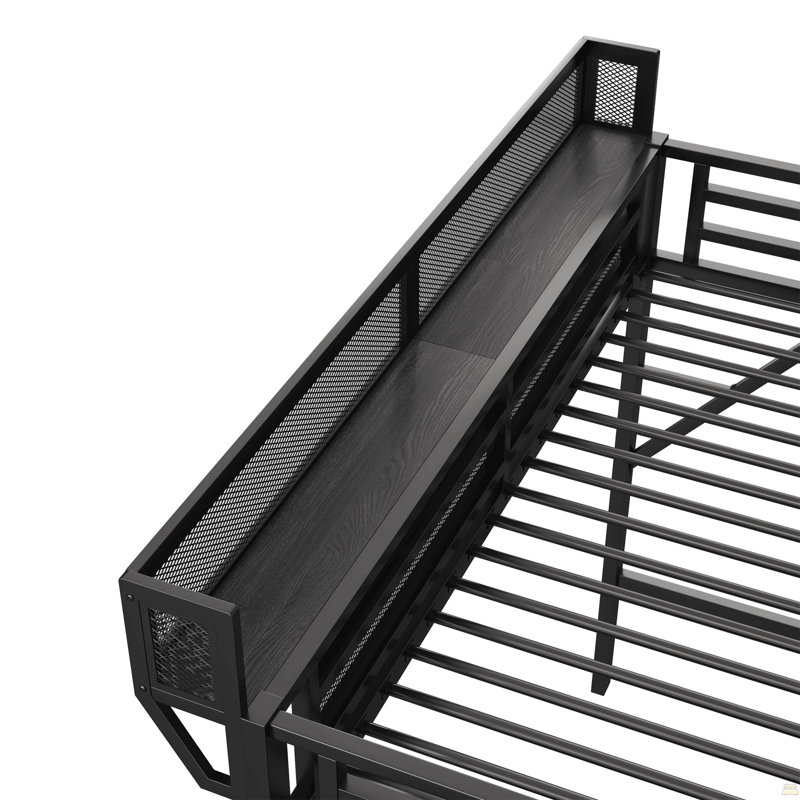 Twin XL Size Loft Bed With Stairs, Metal Full Loft Bed With Storage Shelves, Black