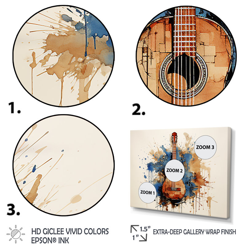 Earthy Brown, guitare mélodique - musique sur toile, Cadre flottant noir, H 16 po x l 32 po x P 1 po